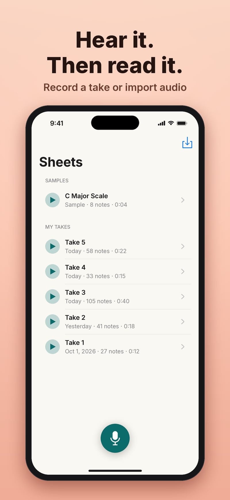 The AI Music Radar library of recorded takes with a record button