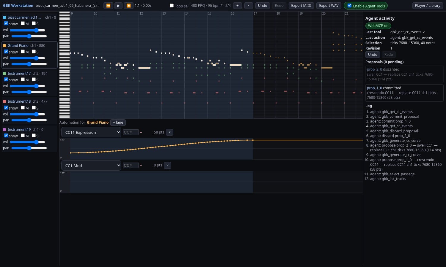 The CC11 lane after Accept, now a solid crescendo curve of 58 points, and the agent log listing each tool call