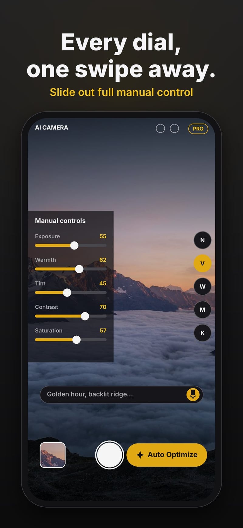 The ProTune manual controls drawer with exposure, warmth, tint, contrast and saturation sliders