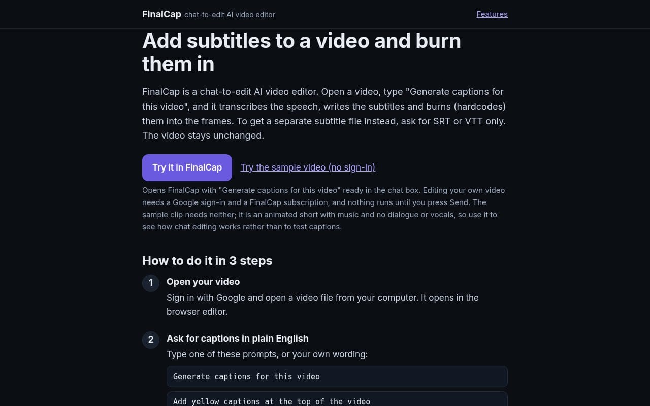 The FinalCap guide page for adding subtitles to a video