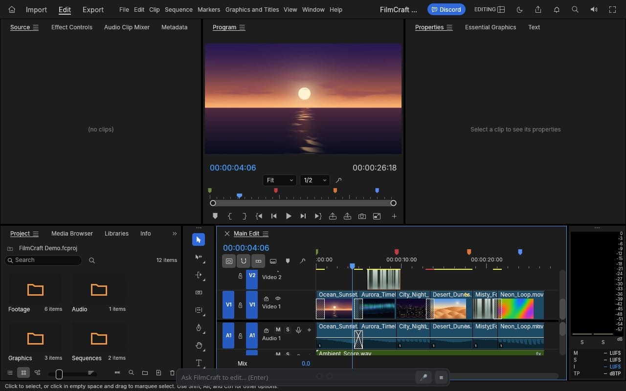 The FilmCraft editor in a browser tab with a timeline of video and audio clips, and the prompt bar at the bottom reading Ask FilmCraft to edit, with a mic button
