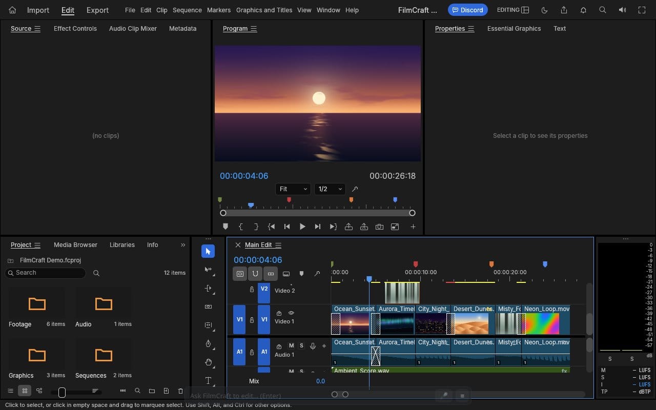The FilmCraft editor with the prompt bar idle and dimmed at the bottom of the page