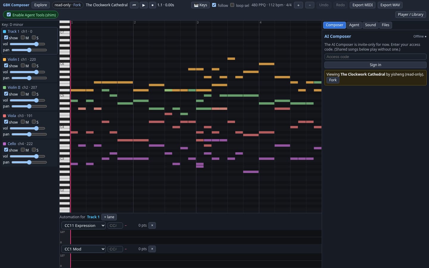 The Clockwork Cathedral opened from its share link in the GBK workstation, read-only, with four string tracks in the piano roll and a Fork button