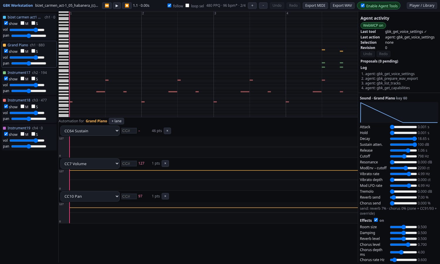 Sound panel for a Grand Piano track: ADSR graph, sliders for attack, decay, release, cutoff, vibrato and reverb and chorus send, and the reverb and chorus effect settings