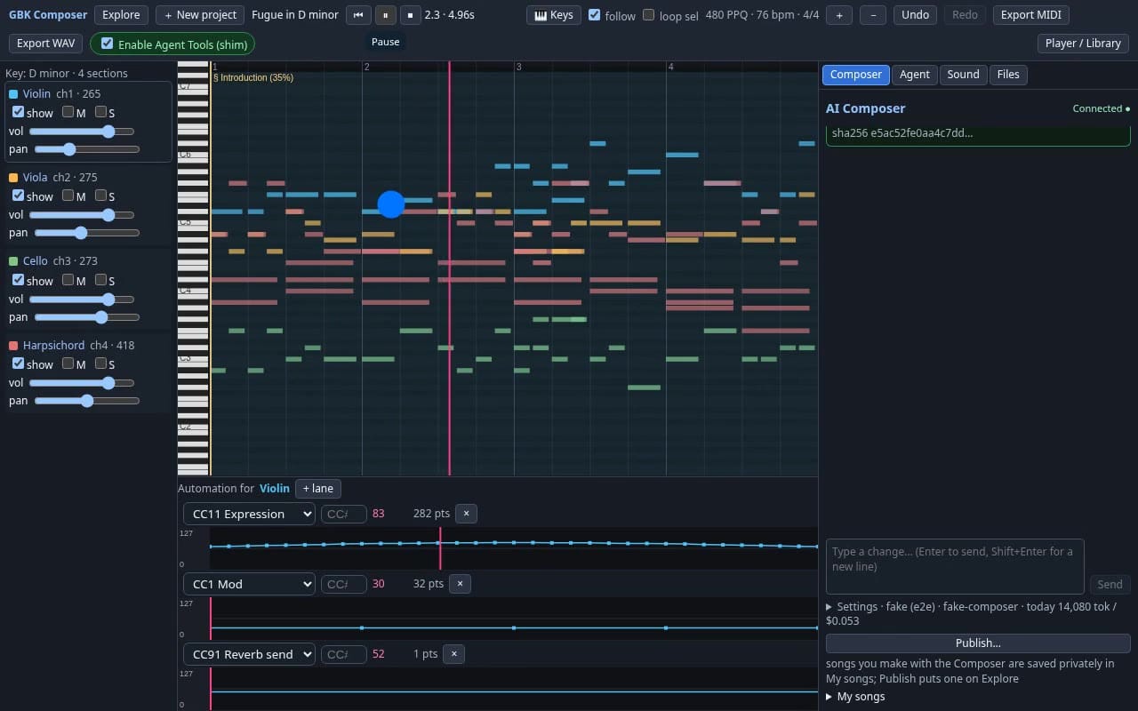 A D minor fugue for violin, viola, cello and harpsichord playing back in GBK Studio, with the CC11 expression lane below the piano roll