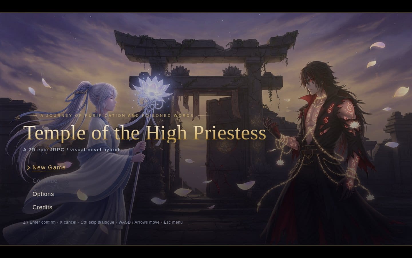 The title screen of Temple of the High Priestess with Elara and Kael at a ruined temple gate and the menu New Game, Continue, Options, Credits