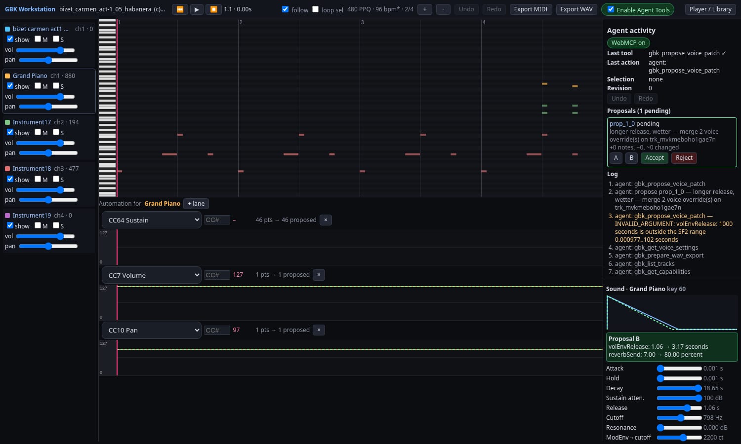 Proposal B in the Sound panel: a dashed envelope with a longer release over the current one, and a diff list showing release 1.06 to 3.17 seconds and reverb send 7 to 80 percent, with A, B, Accept and Reject buttons